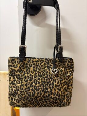 Brighton Leopard-Print Shoulder Bag in Black & Tan with Heart Charm